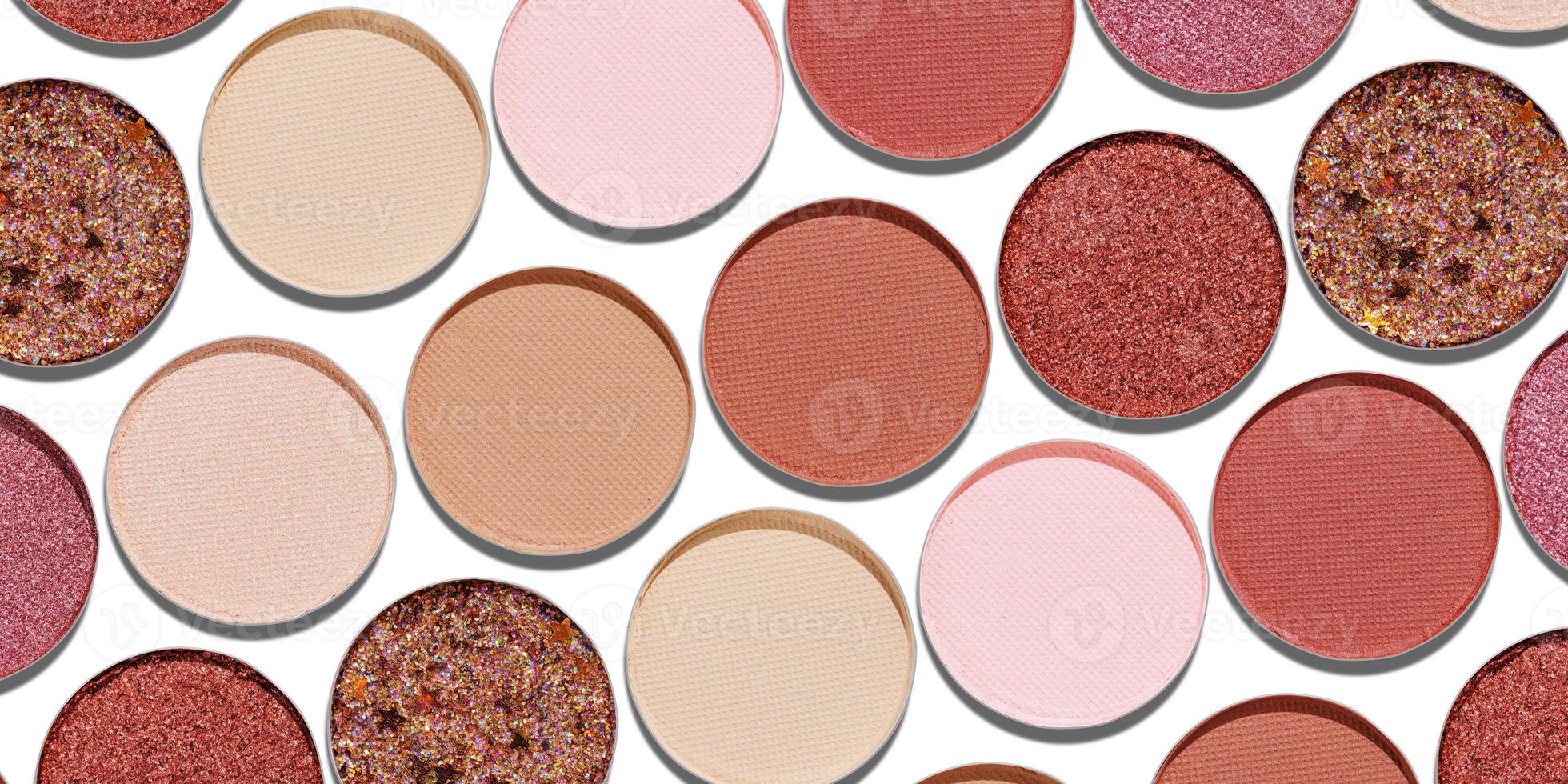 Colorful Swatches eyeshadow refills as minimal geometric pattern, banner. Matte, glitter pans red brown pink shade with shadows, detailed texture, cosmetic, beauty product, make up, warm color scheme photo