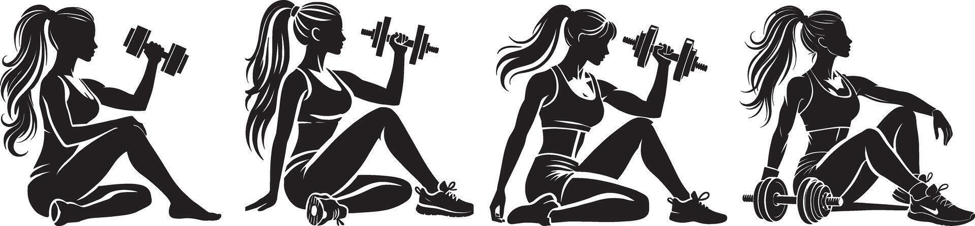 Set of athletic female silhouettes lifting dumbbells in seated poses representing strength, fitness, and workout motivation for healthy lifestyle vector