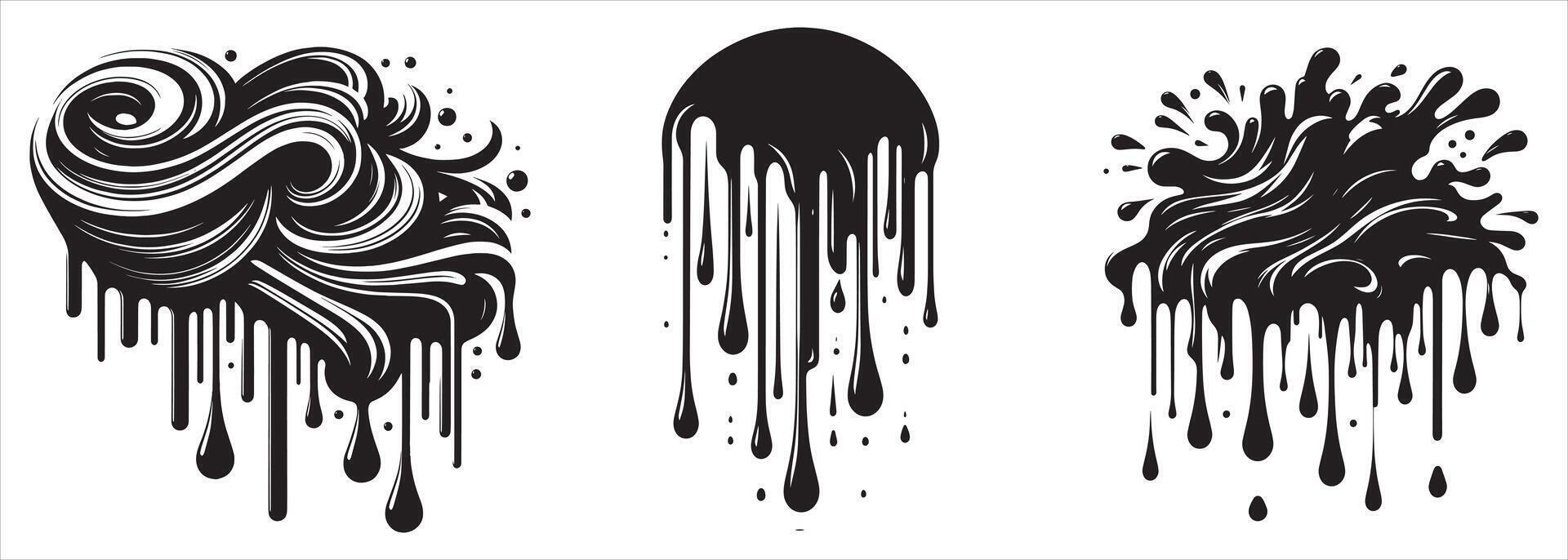 Abstract dripping paint shapes with liquid swirl textures and melting ink forms in modern black and white artistic design style vector