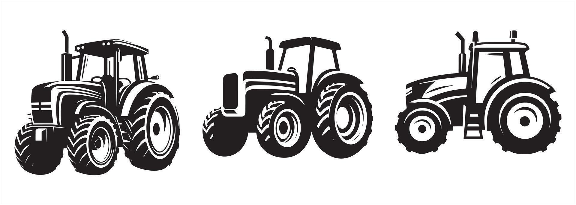 Set of Farm Tractor Silhouettes in Black with Rugged Tires and Cabin Details for Agriculture Machinery and Farming Equipment Concepts vector