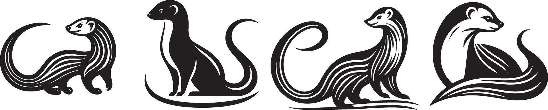 Elegant stylized ferret silhouettes in artistic black and white tribal design with curved lines and graceful poses for animal illustration themes vector