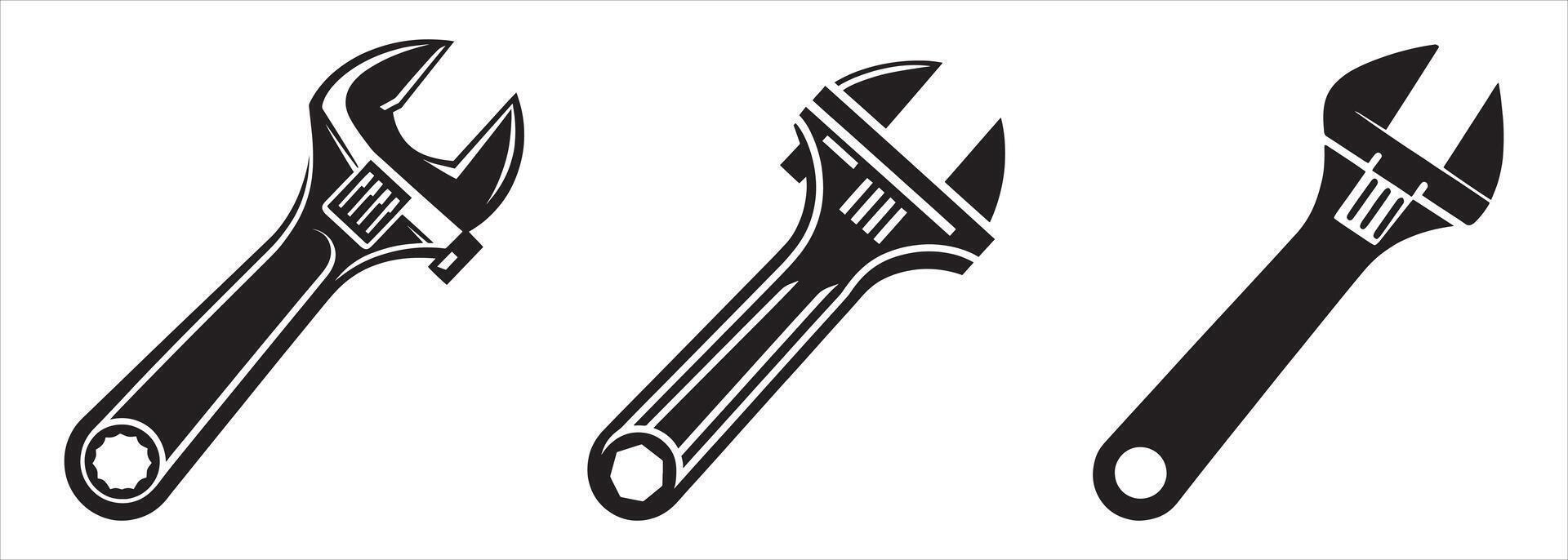 Stylish and Detailed Adjustable Wrench Silhouette Illustrations for Industrial and Tool-Themed Design Projects vector