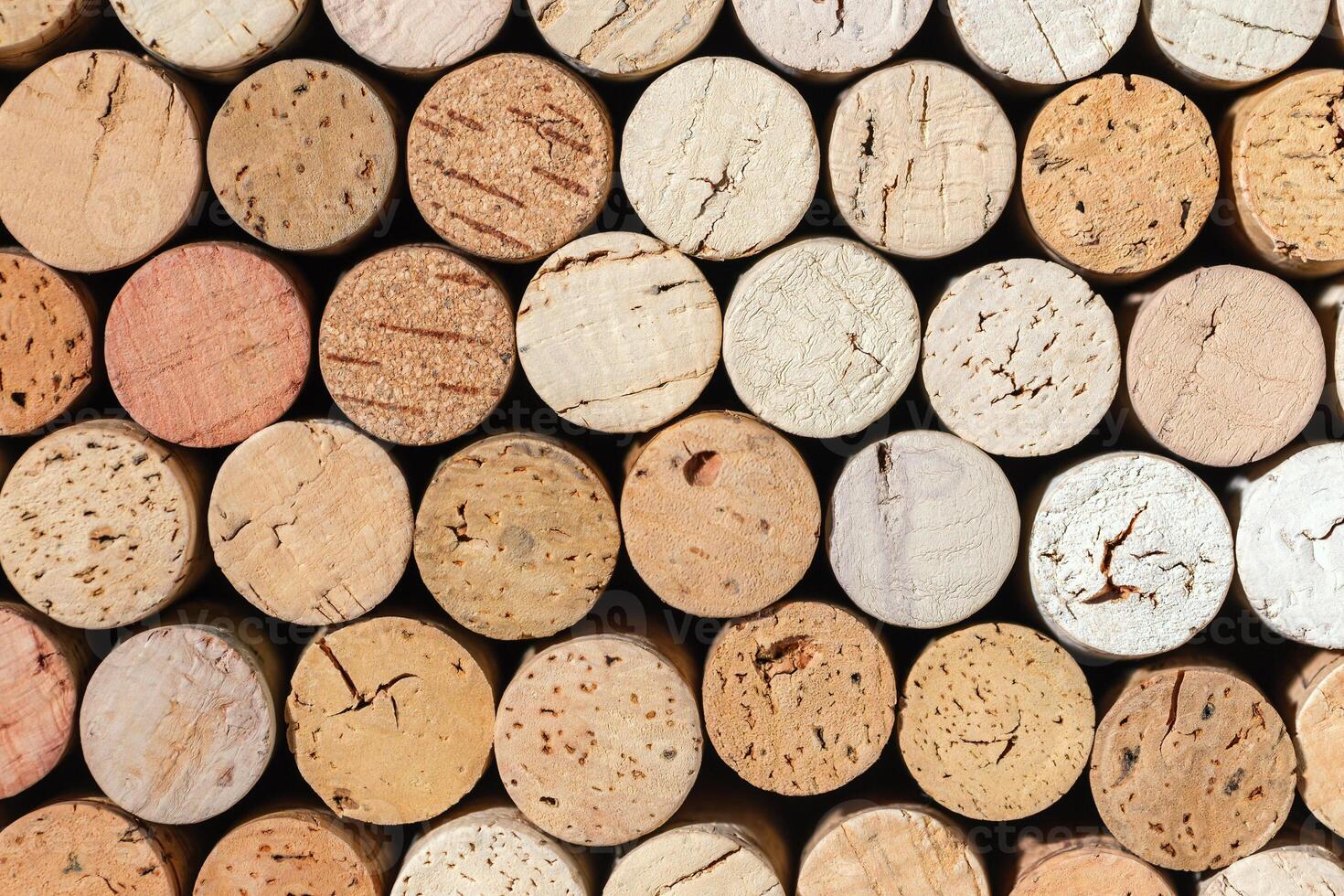 Set of red wine cork from white wine, natural texture bottle stoppers top view, beige background from close up wooden corks. Natural textured stoppers. Wine card background for winemaking or bar photo