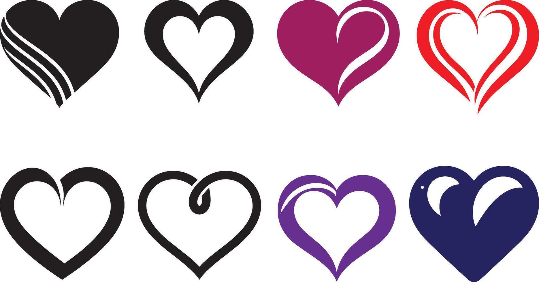 Stylized Heart Design Collection - Unique Artistic Love Symbols in Various Colors and Patterns for Creative Visual Project vector