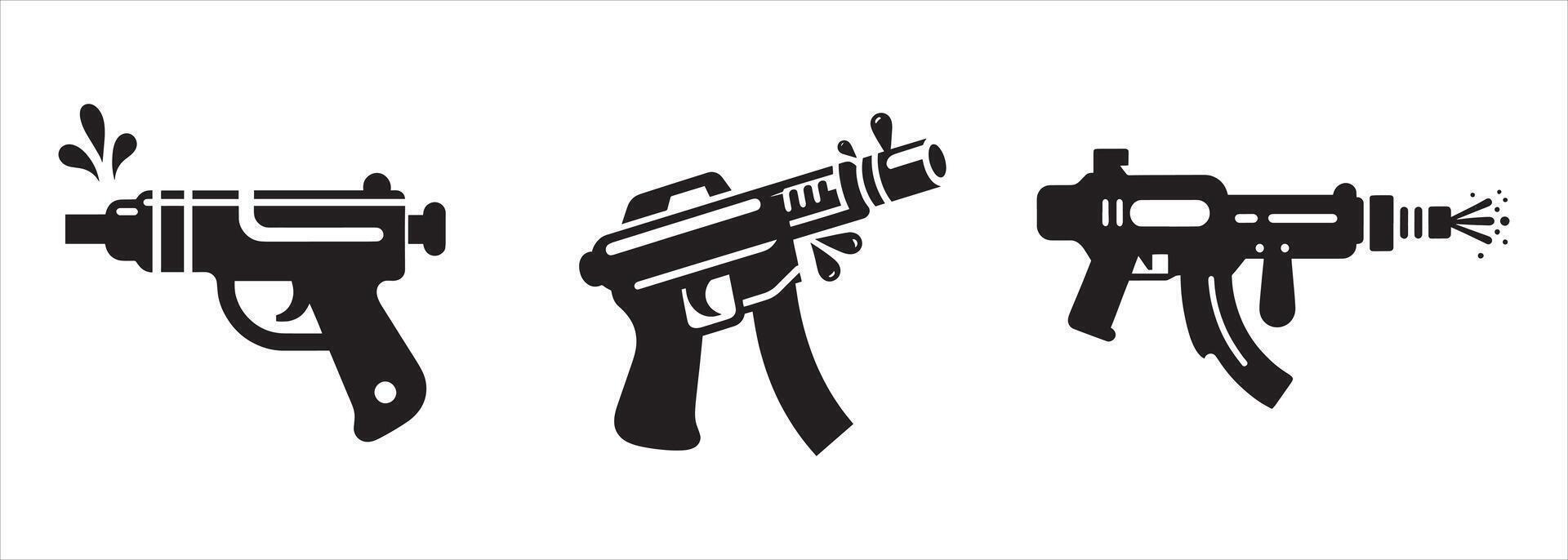 Set of black silhouette toy water guns with playful splash effects in minimal style perfect for fun summer activities and playful themes vector
