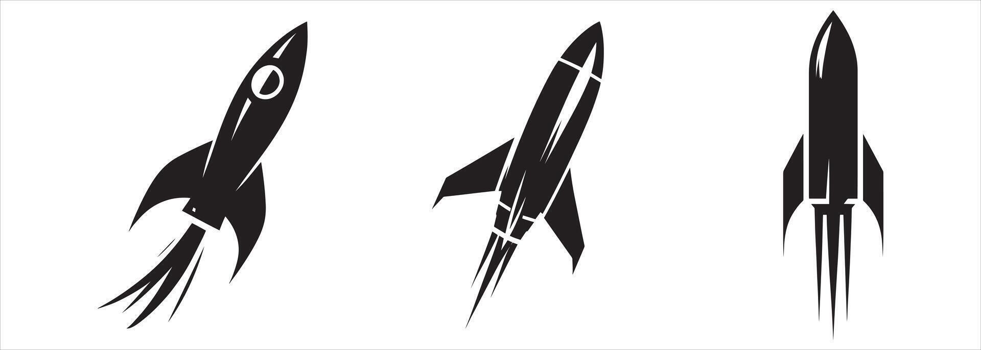 Bold and Sleek Black Silhouette Rocket Ship Illustrations for Space-Themed Design Projects vector