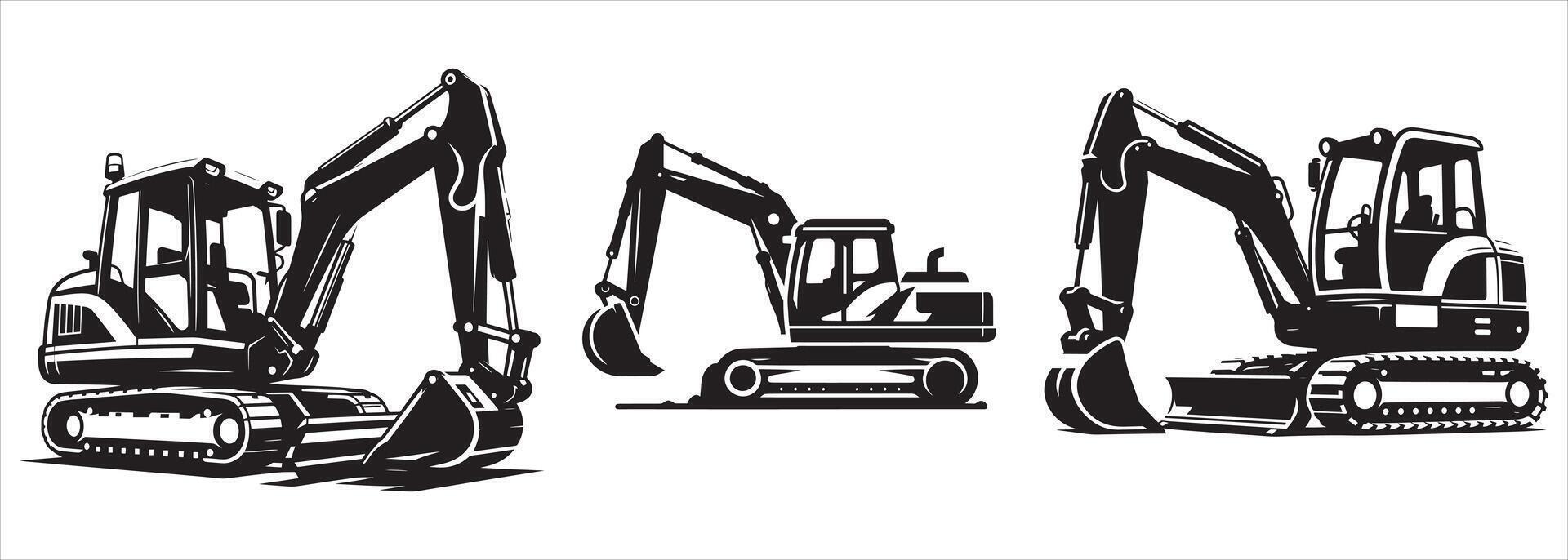Heavy Construction Excavator Silhouette Set with Hydraulic Arm and Crawler Tracks for Industrial Earthmoving and Building Work Design vector