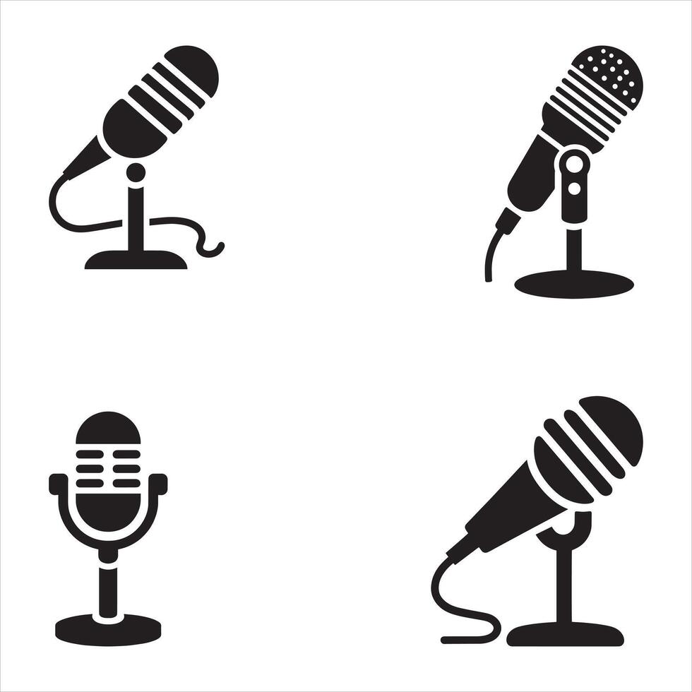 Retro and Modern Microphone Icons in Black Silhouette Style for Music Recording Broadcasting Podcast and Audio Equipment Concepts vector