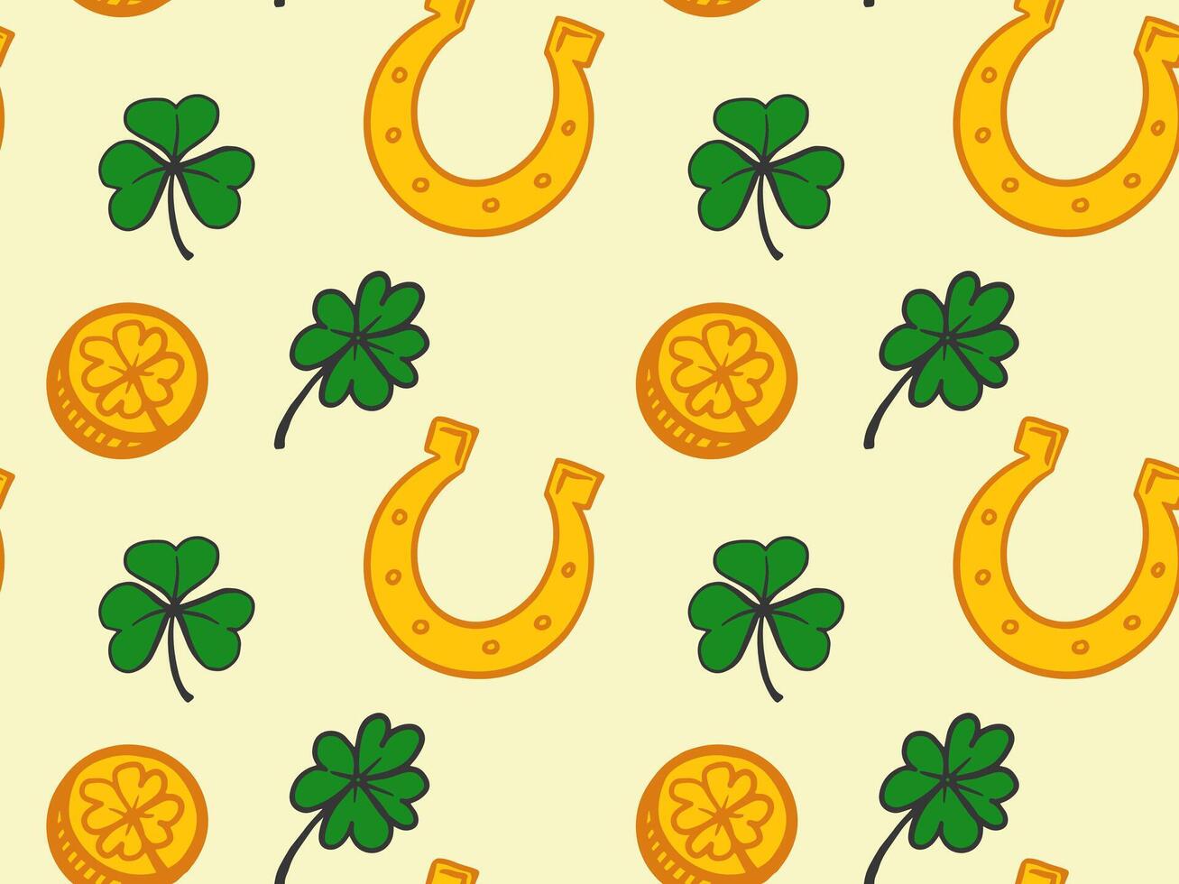 Seamless lucky pattern featuring four leaf clovers, horseshoes, and coins. Ideal for St. Patricks Day designs, wrapping paper, textiles, and festive decor. vector