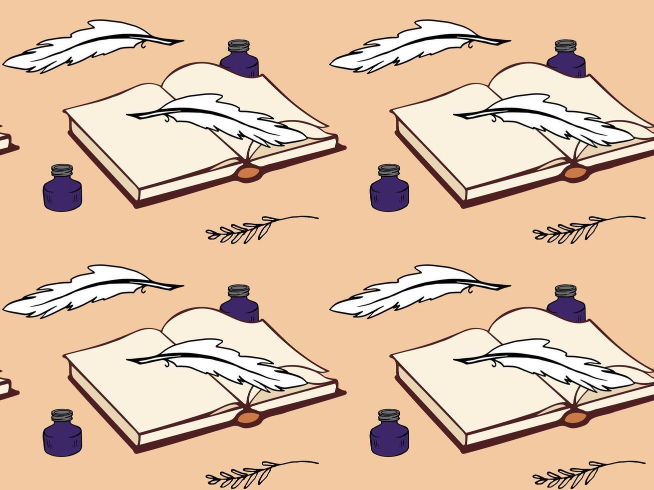 Vintage-style pattern with open books, ink bottles, quill pens, and delicate branches on a soft background. Ideal for stationery, journals, or fabric prints. vector