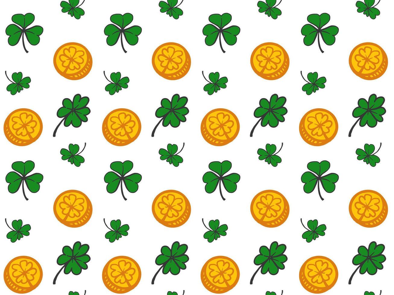 Seamless Pattern of green clovers and golden coins on a white background, ideal for St. Patricks Day projects, gift wrap, cards, fabric, and digital decor. vector
