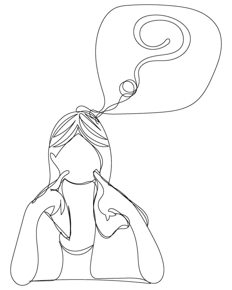 Character hand drawn of lady with question mark quiz confuse question woman with continuous line. vector