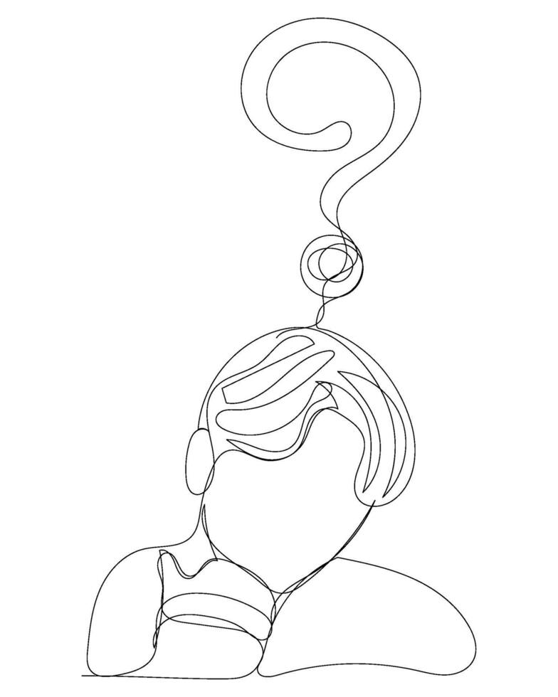 Continuous line art concept of man male boy with question mark quiz confuse question decor. vector
