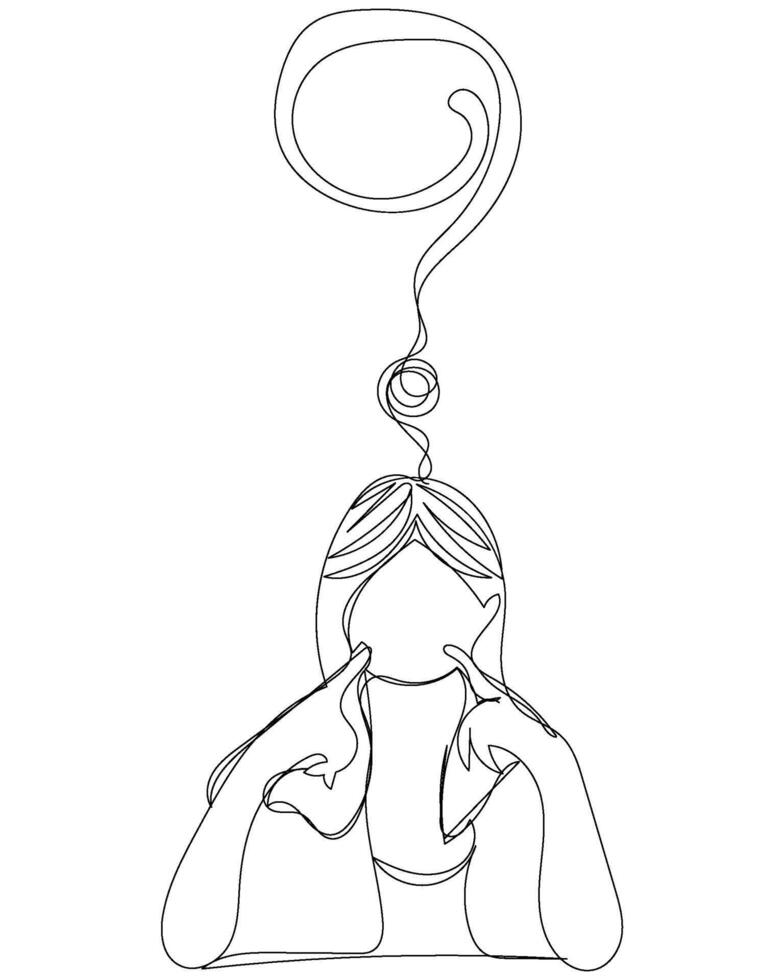 Continuous line art of lady with question mark quiz confuse question woman minimal style art. vector