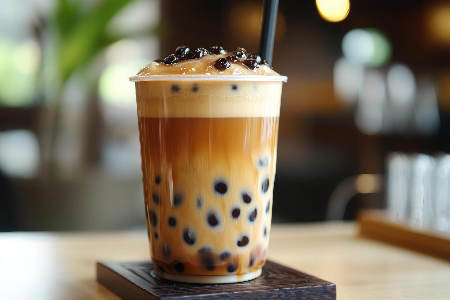 A bubble tea with black and white sprinkles photo