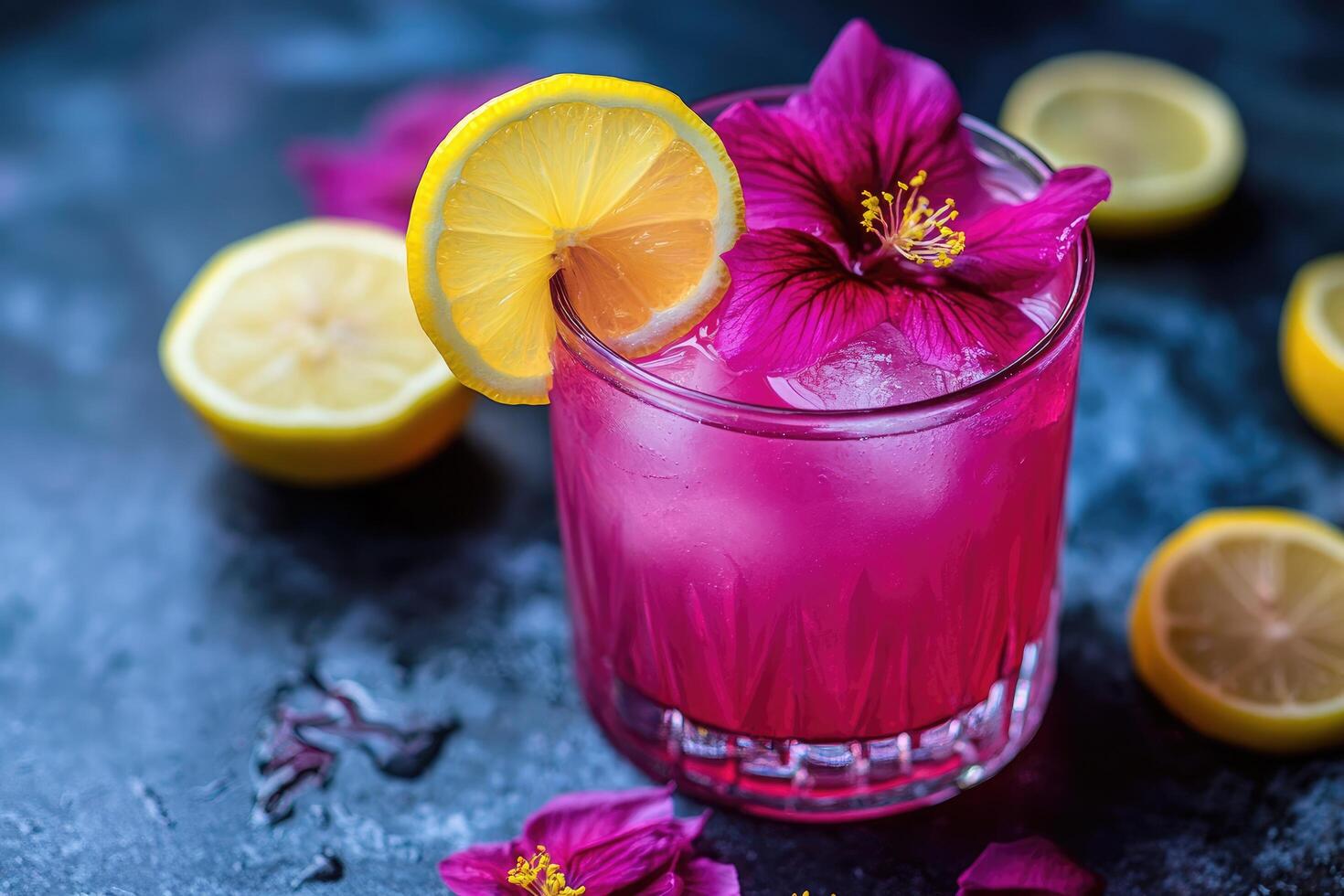 A pink drink with a lemon and flower photo