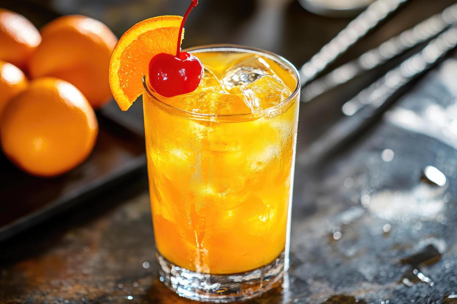 Orange drink with cherry garnish on a table photo