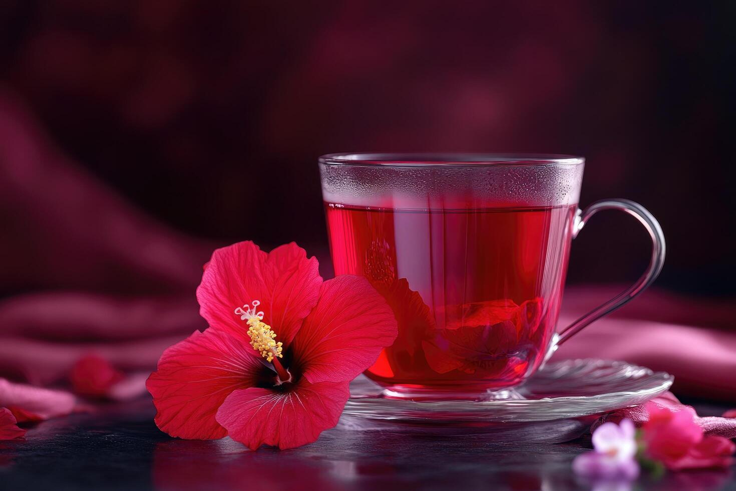 Hibiscus flower and cup of tea on dark background photo