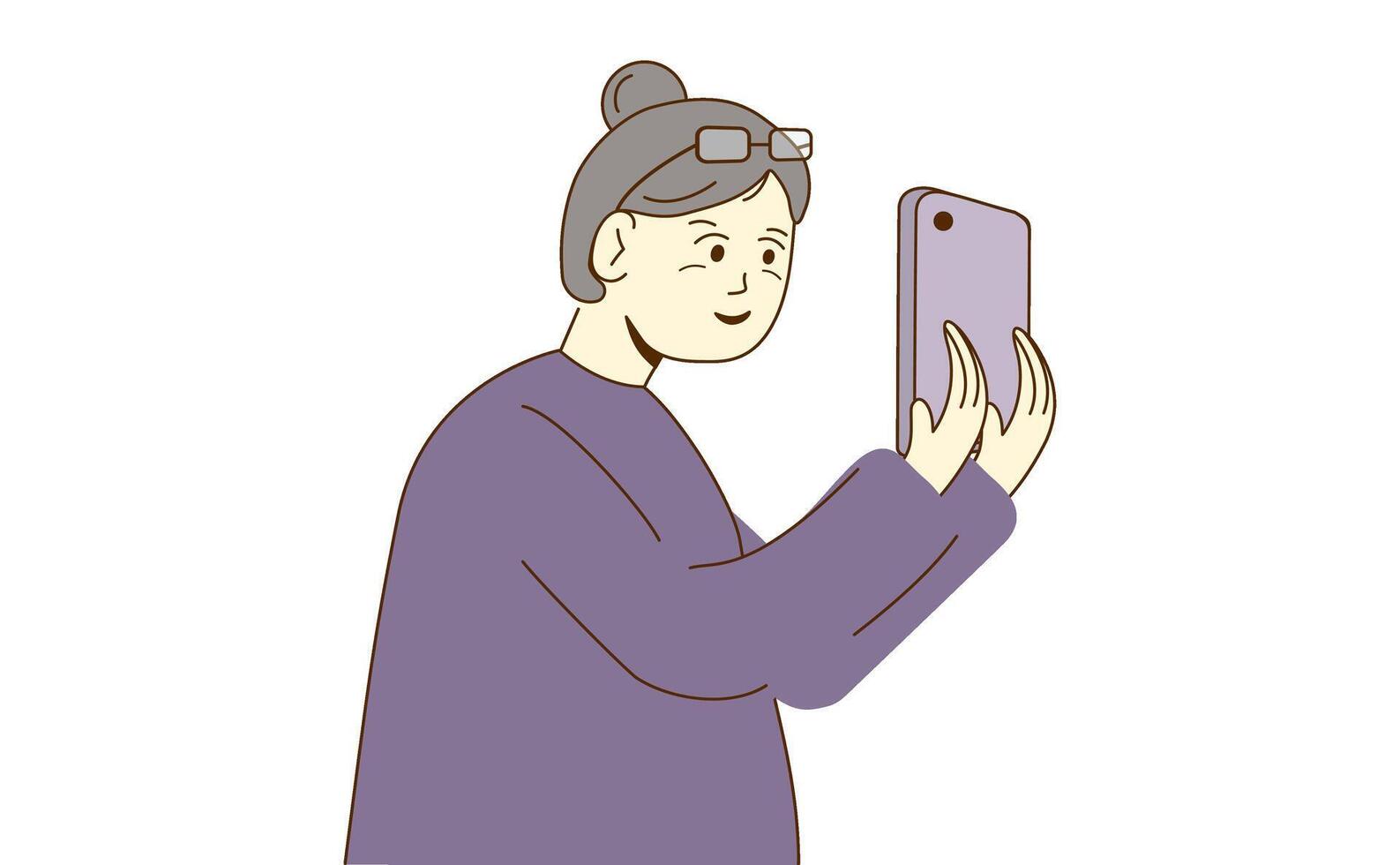 Elderly woman using smartphone with happy expression on white background. illustration. vector