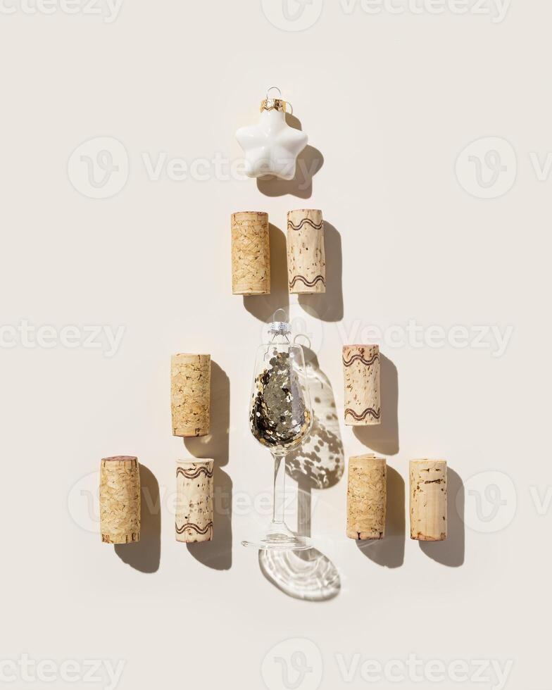 Wine corks shaped Christmas Tree with star on beige background, hard light at sunlight. Bottle stoppers as xmas, New Year tree. Winter celebration holidays concept, Christmas flat lay photo