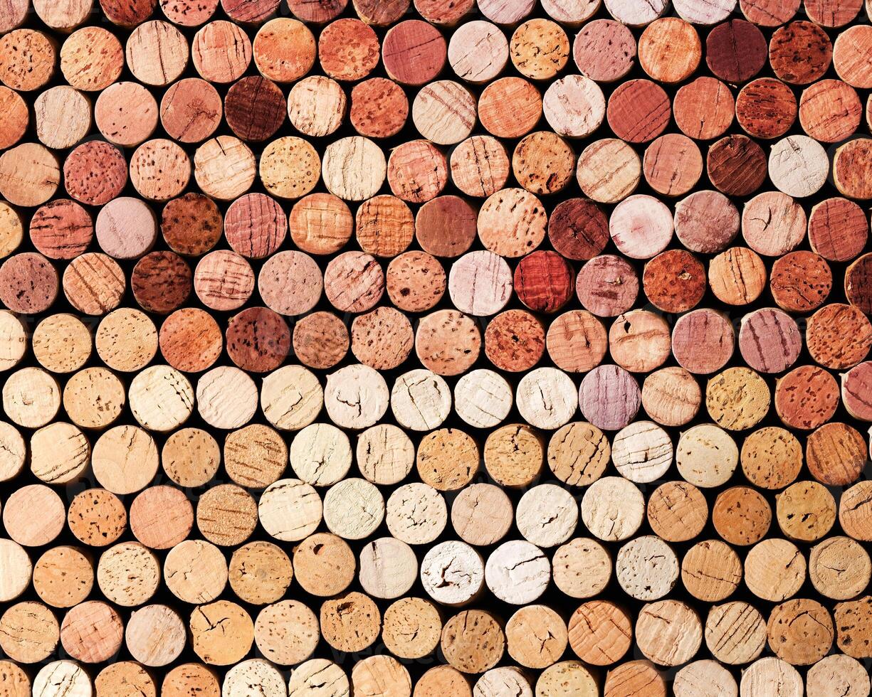 Collections of wine cork from white and red wine, natural texture bottle stoppers top view, colorful background from wooden corks. Natural textured stoppers colored. Winery, winemaking concept. photo