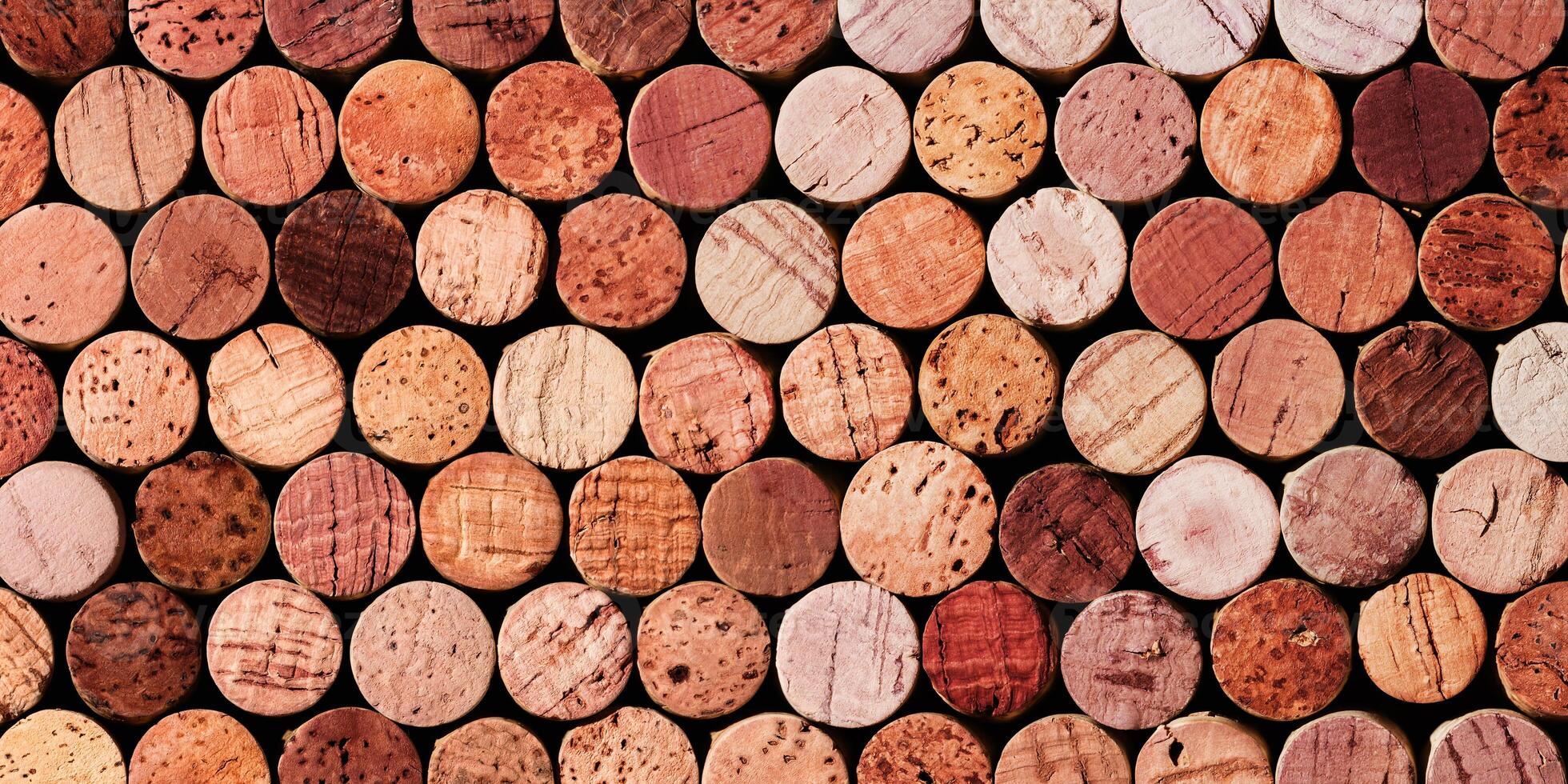 Banner of wine cork from red wine, natural texture used bottle stoppers top view, red gradient. horizontal background from closeup wooden corks. Natural textured stoppers colored wide banner photo