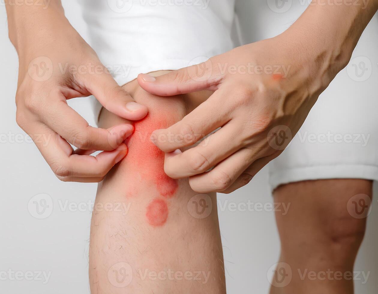 A hand actively scratching a red rash on the foot, a visual representation of allergic reactions, insect bites, or skin conditions photo