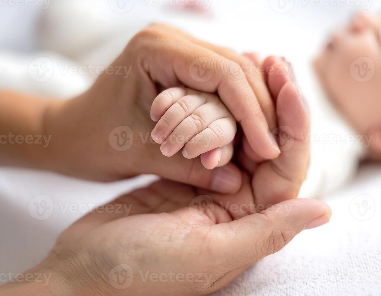 Close-up of a newborns small hand holding onto an adults finger, representing trust and connection photo