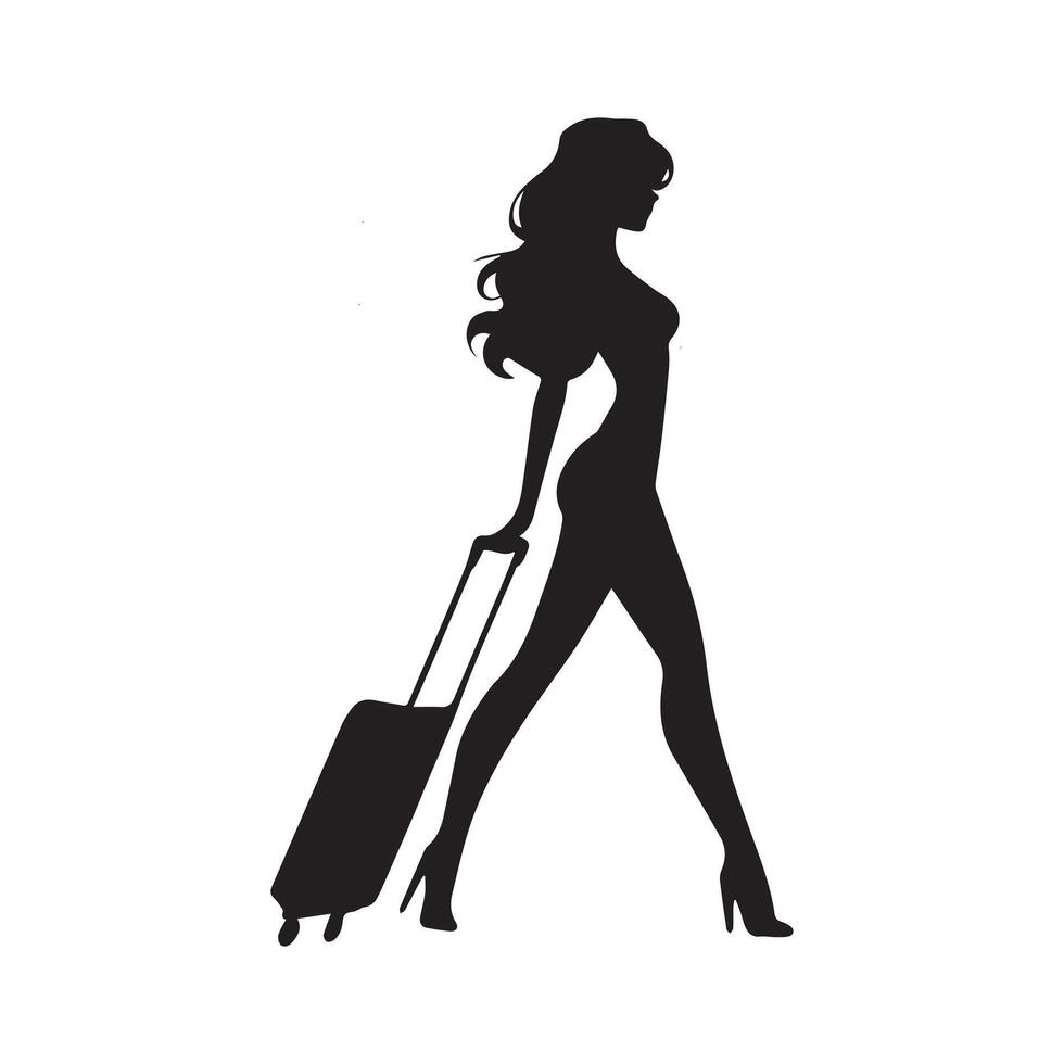 silhouette of a woman with suitcase on white background vector