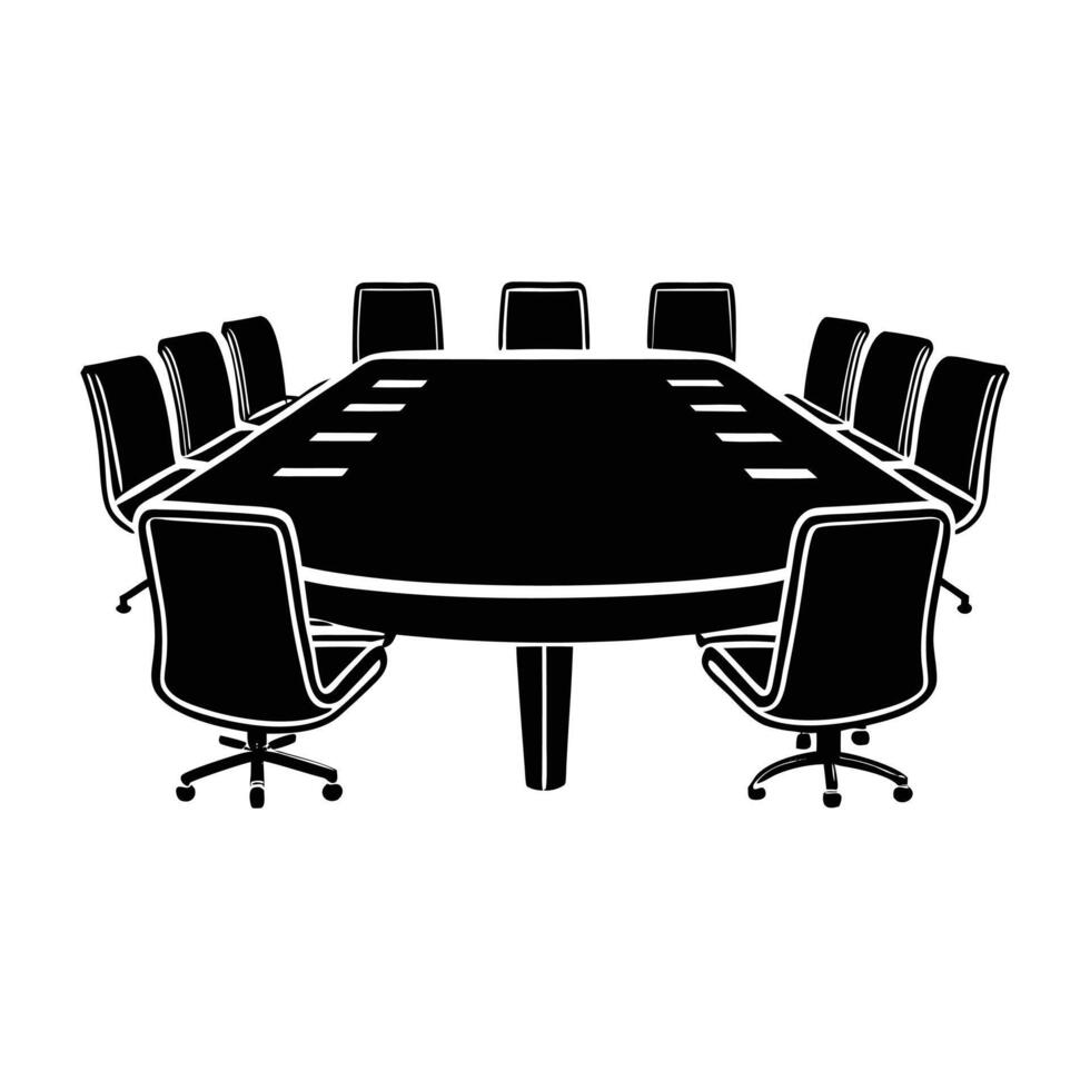 a black and white image of a conference table with chairs vector