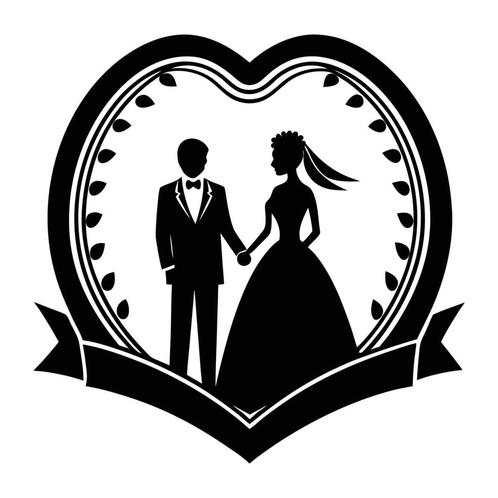 a silhouette of a bride and groom in a heart vector
