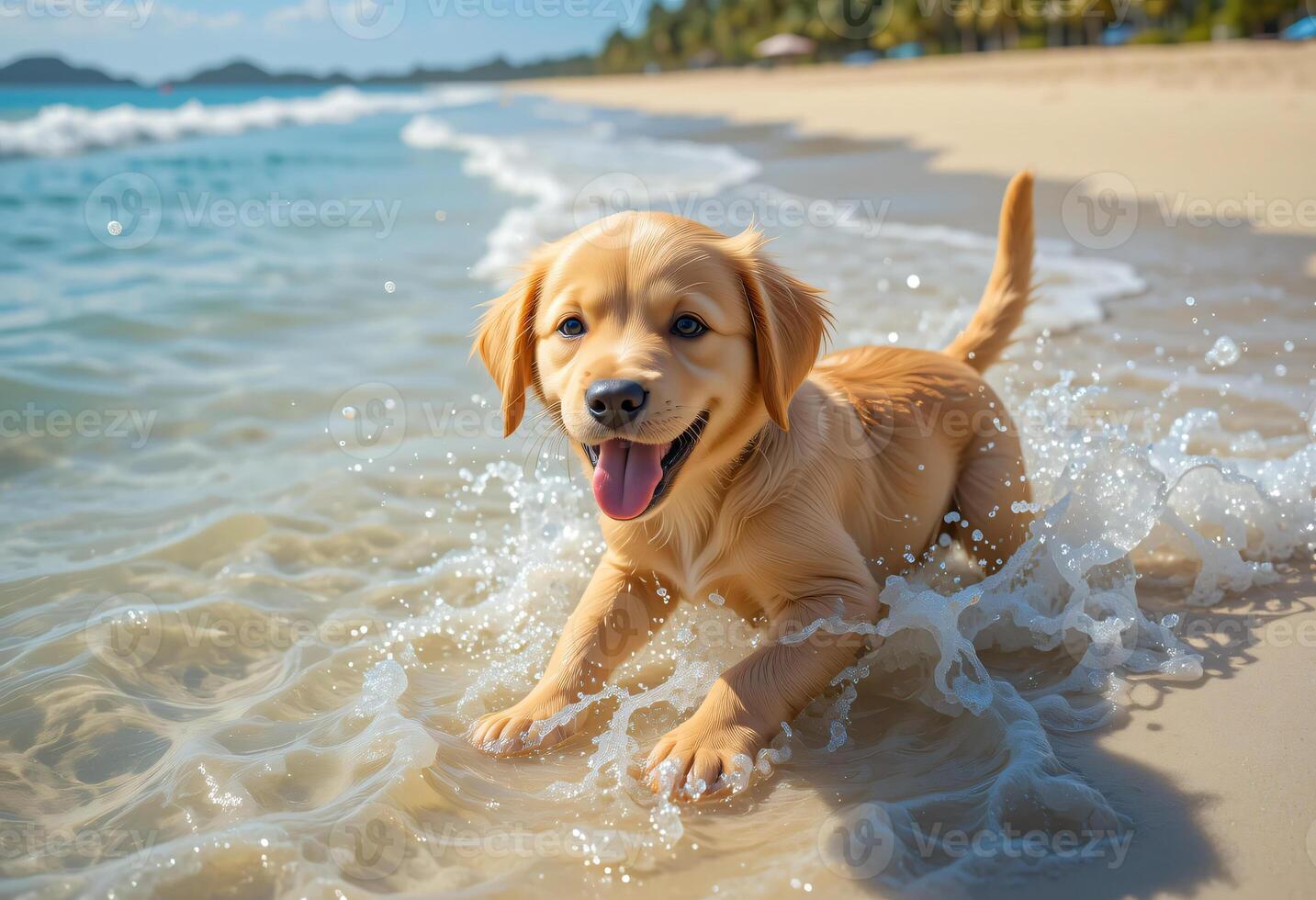Joyful Golden Puppy Plays in Shallow Ocean Water, Tropical Beach Vibes photo