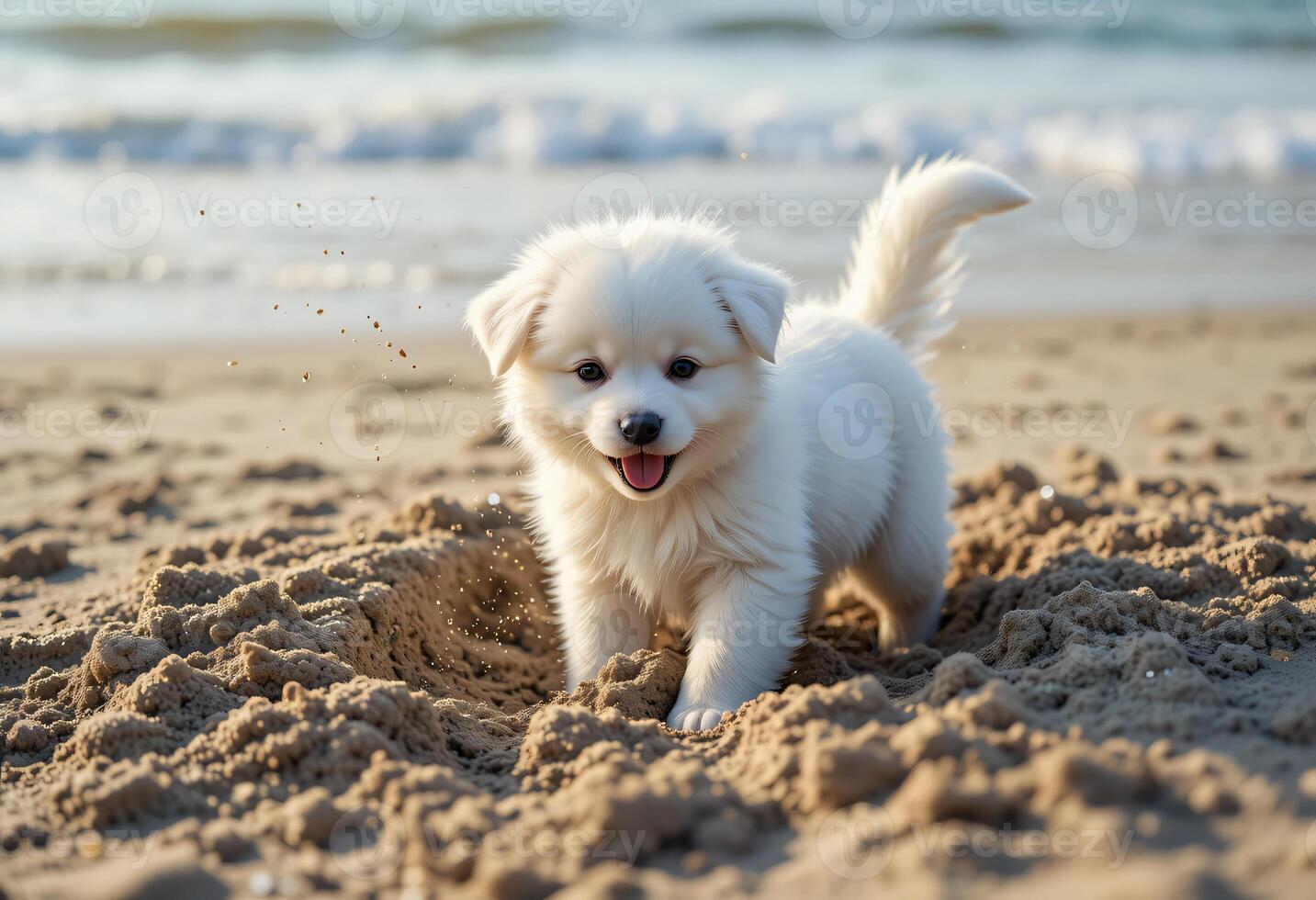 Adorable Puppy Playing and Digging in a Sandy Beach Pit photo