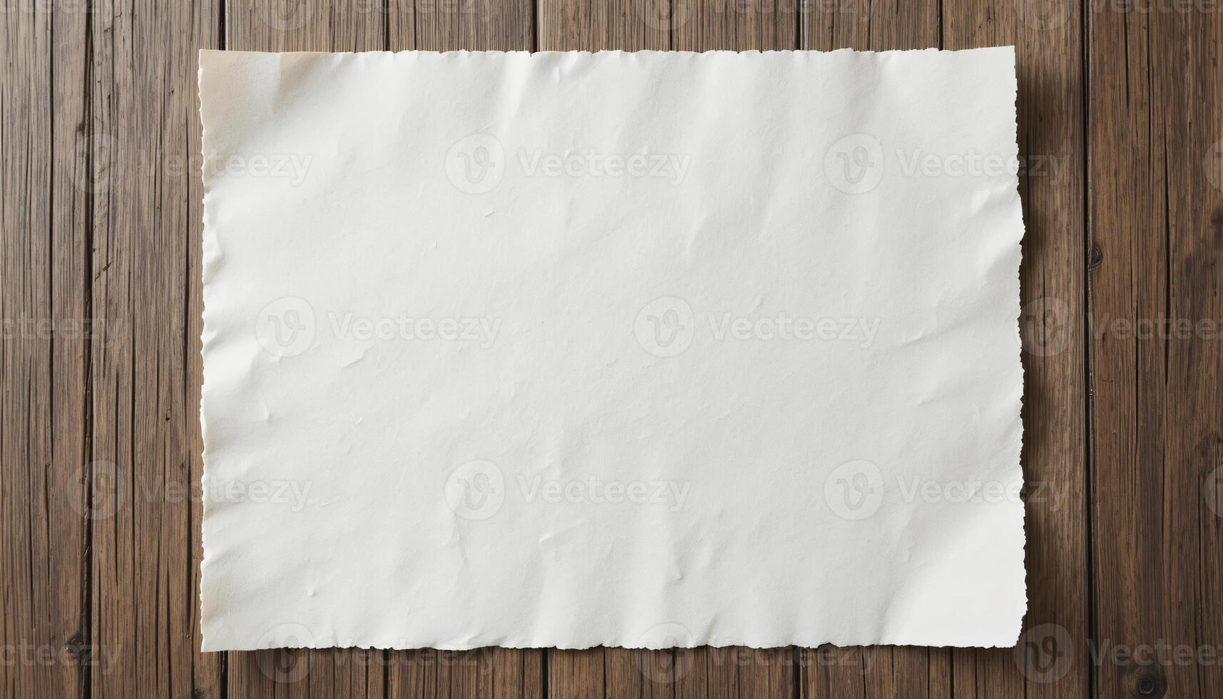 Empty white crumpled paper A4, postcard style text, on wooden background photo