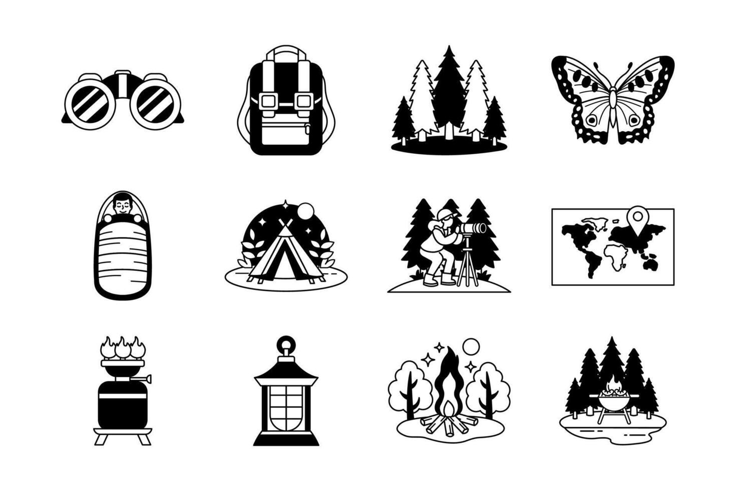 camping recreation and hiking black and white icon vector