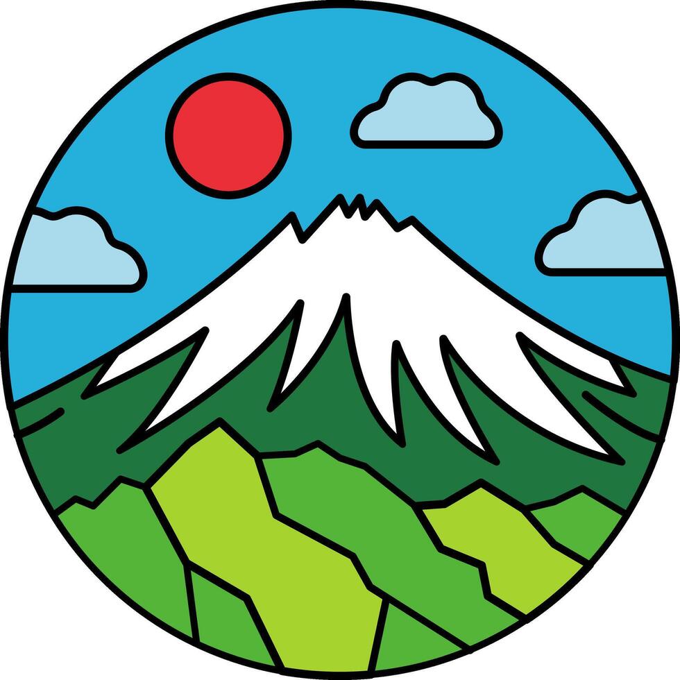 A mountain with a red sun in the sky vector