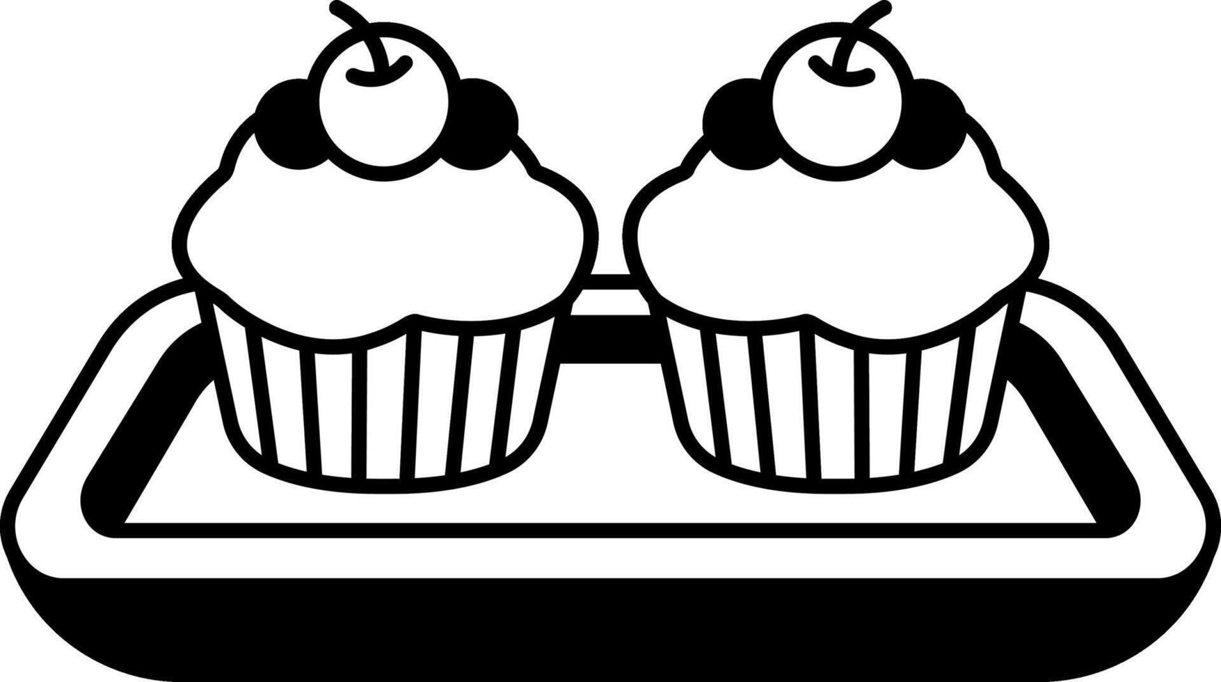 black and white icon of cupcakes on tray vector