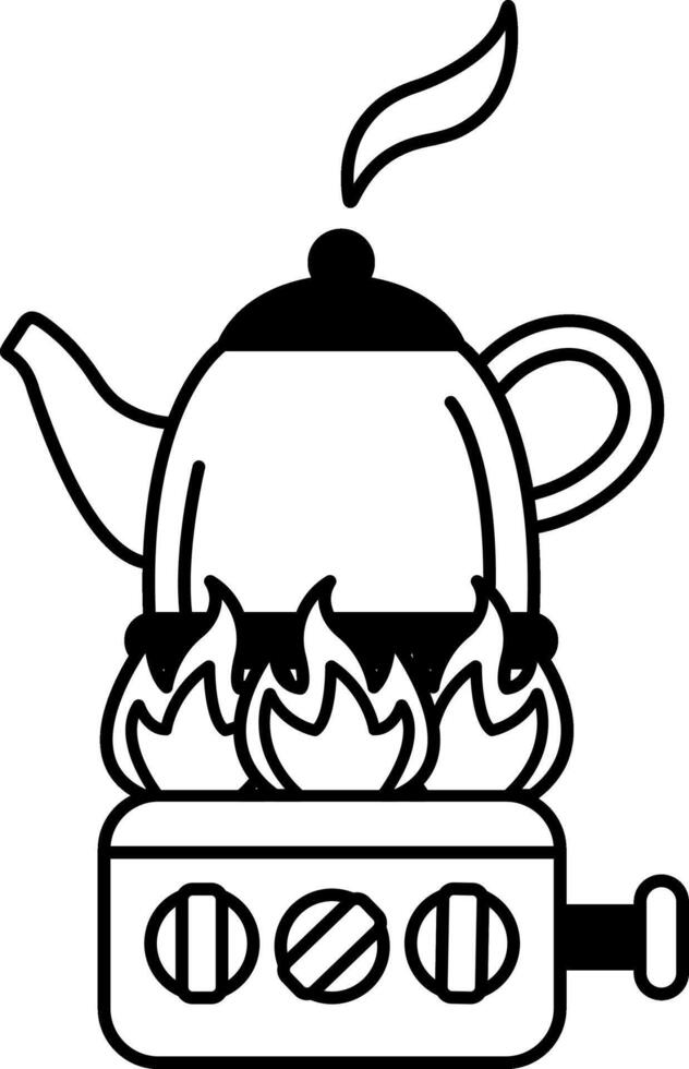 black and white icon of teapot on camping stove vector