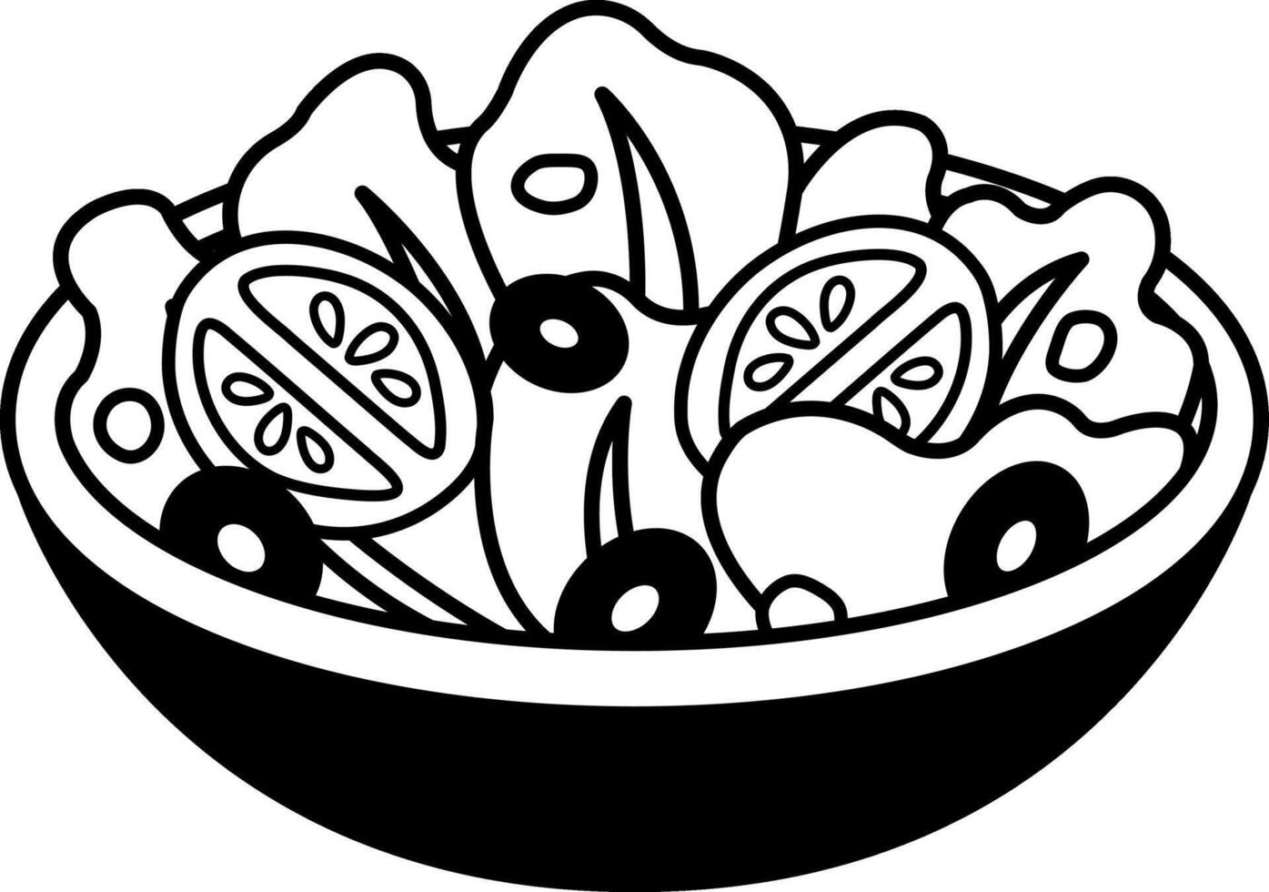 black and white icon of salad bowl with tomatoes and olives vector