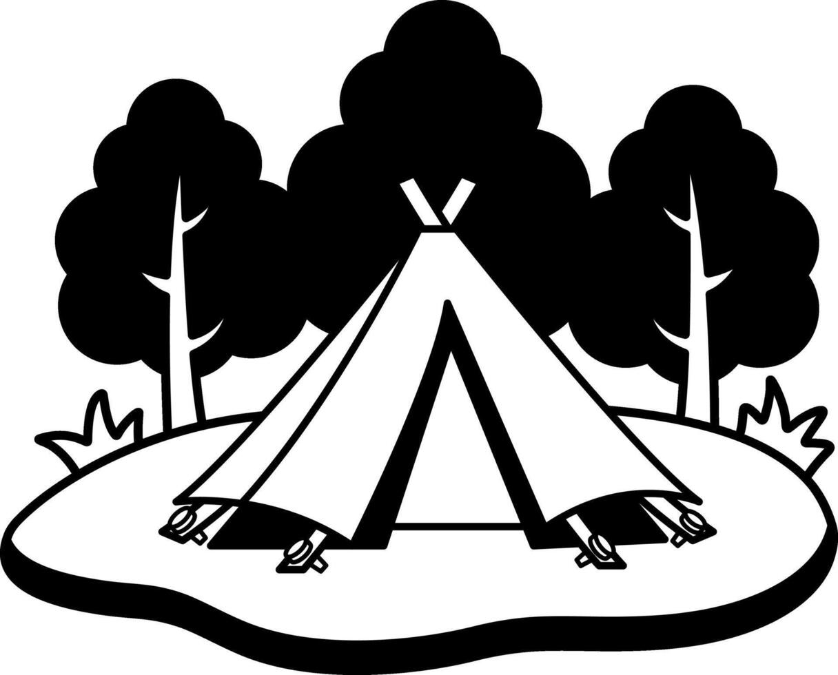 black and white single icon of colorful tent in the forest vector