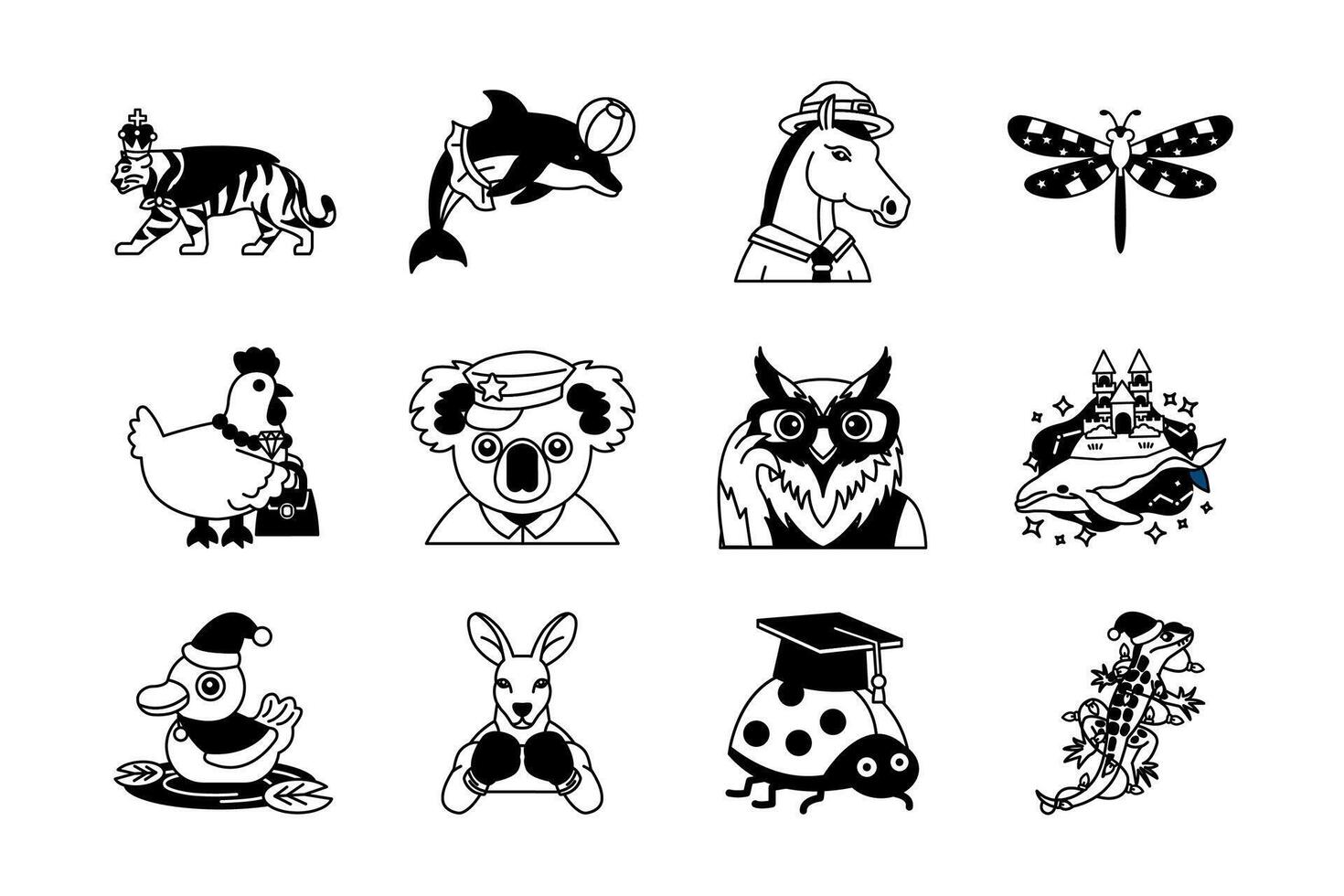 black and white fancy animals illustration set vector