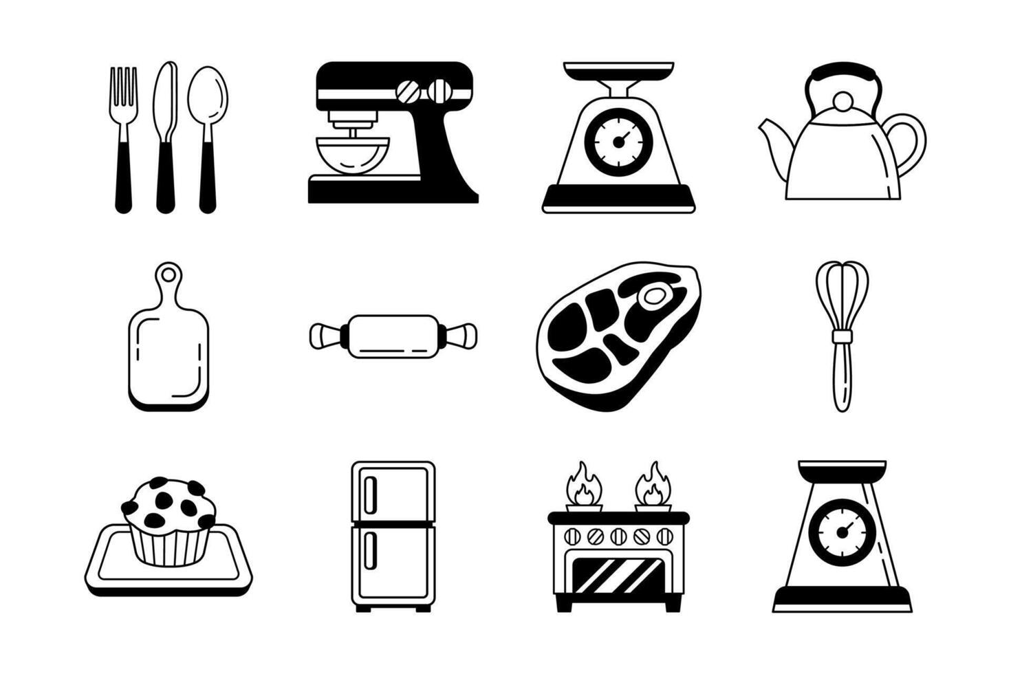 black and white icon collection of kitchenwares vector