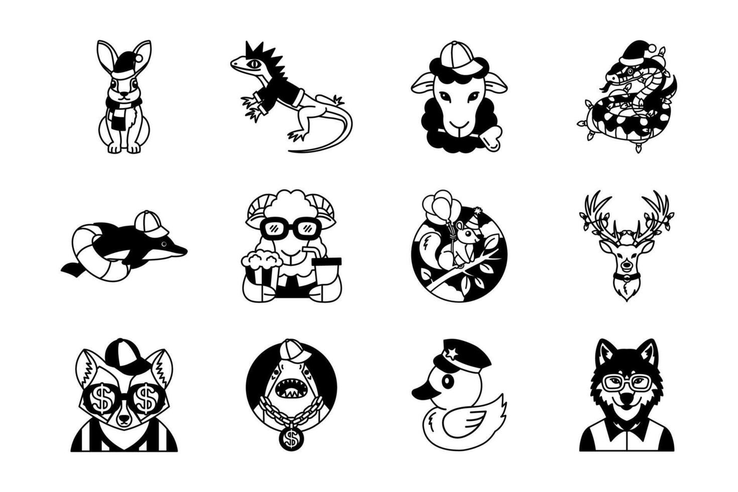 black and white fancy animals illustration icon set vector