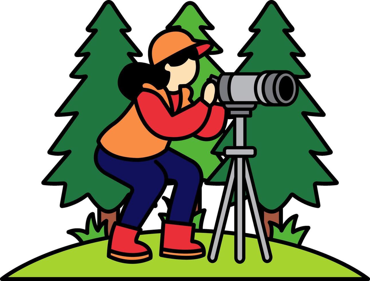 female backpacker looking through telescope in the forest vector
