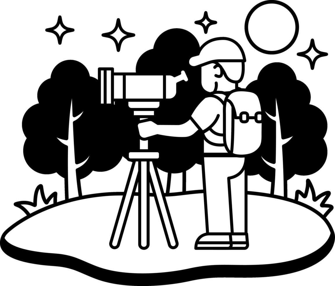 black and white icon of male backpacker with telescope in the night forest vector