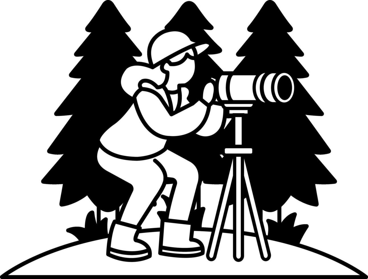 black and white icon of female backpacker looking through telescope in the forest vector