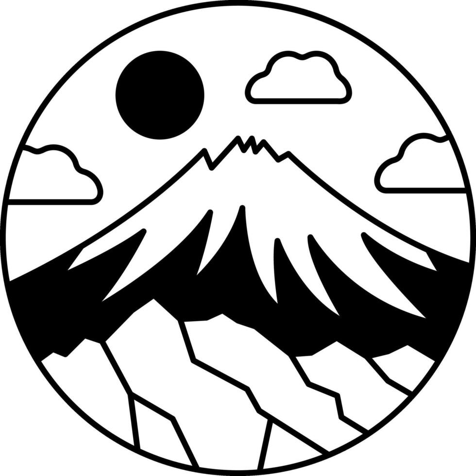 black and white icon of mountain with a sun in the sky vector