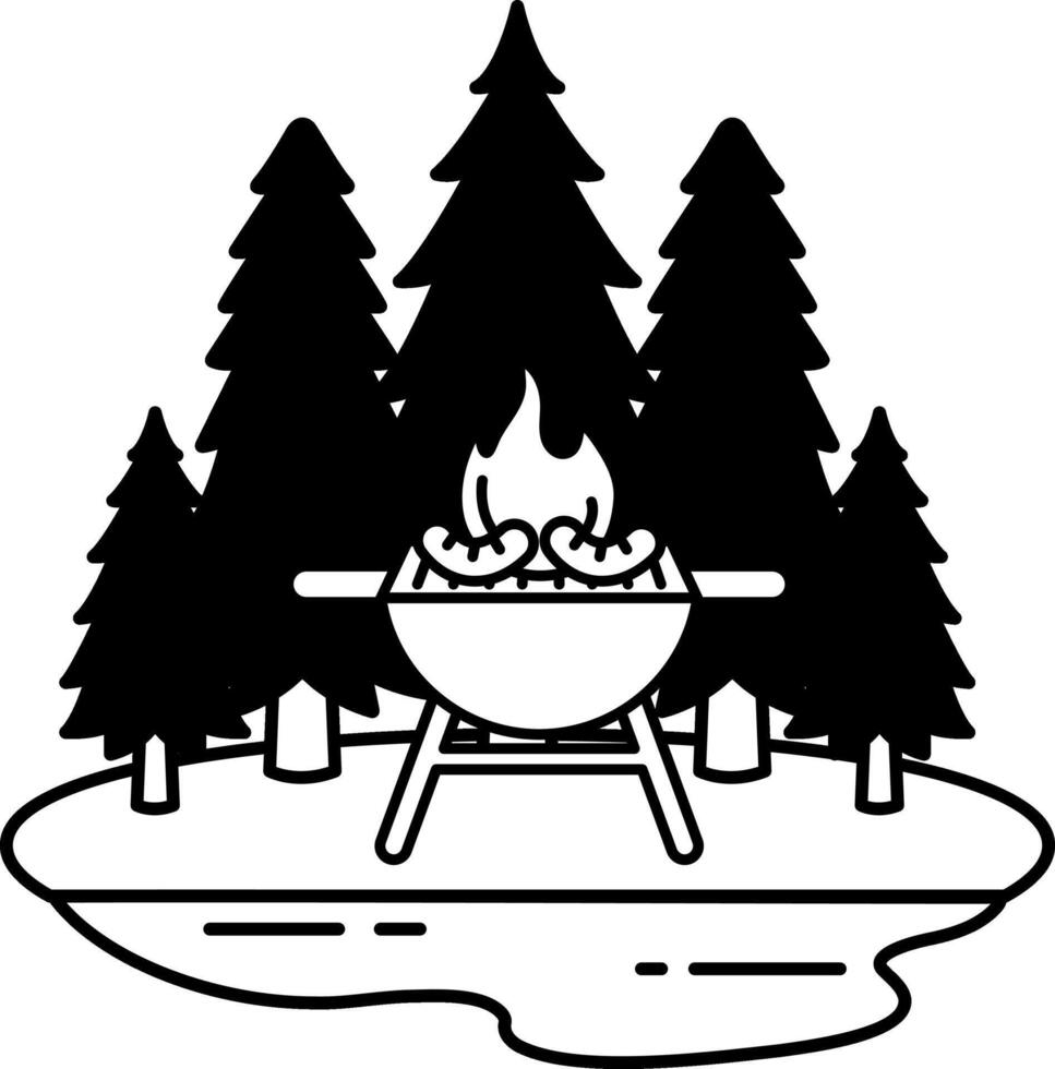 black and white single icon of bbq grill in the camping surrounded by trees vector