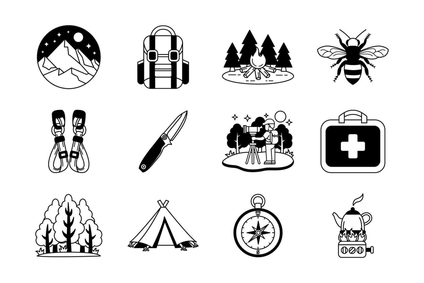 camping recreation and hiking black and white collection vector