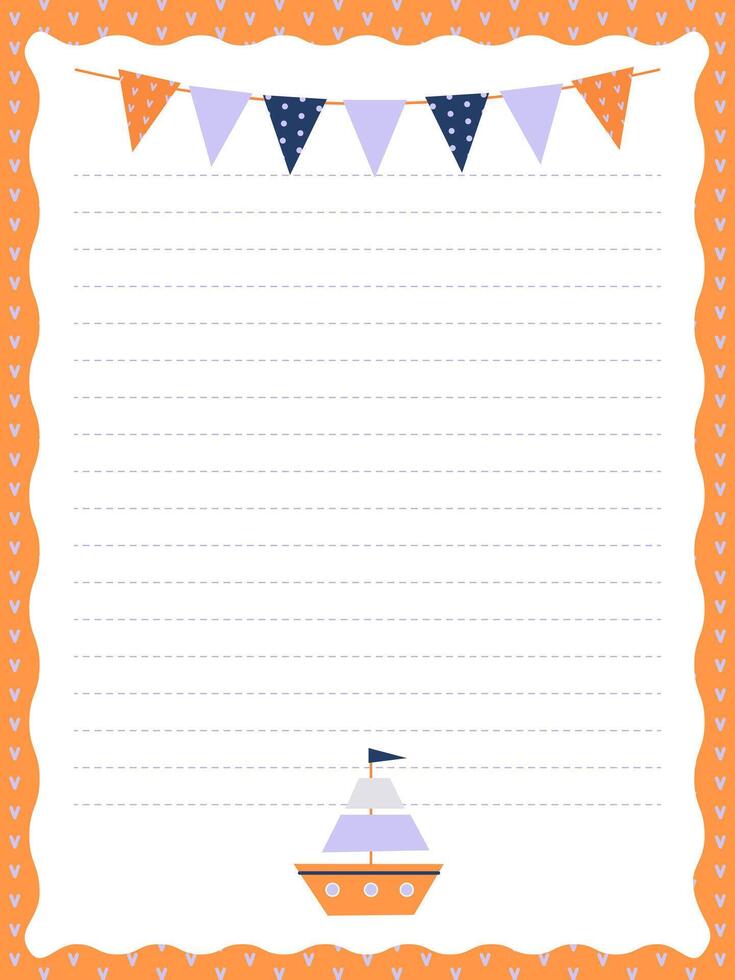 Cute notebook page with a ship and a garland of flags vector